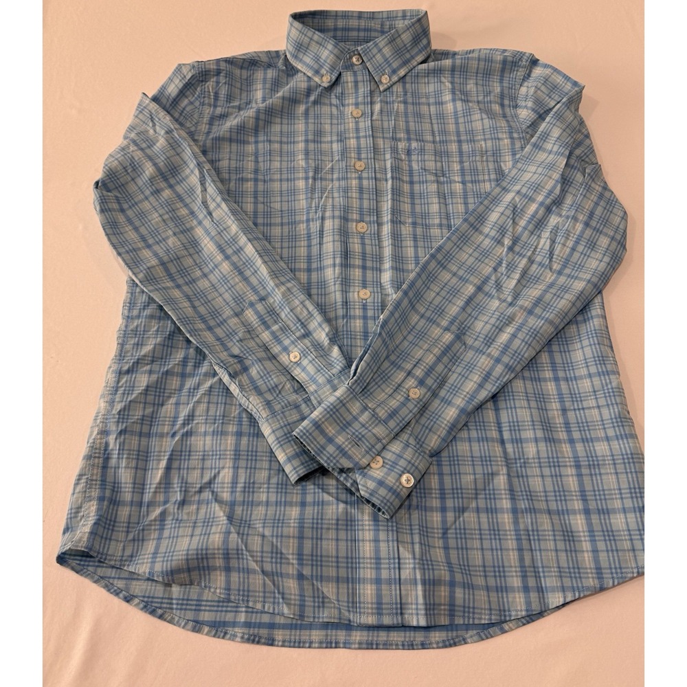 Southern Tide Boys XL 16 Blue Plaid Performance Button Down Shirt Stretch